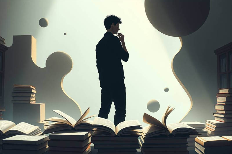 Livres et symboles abstraits pour illustrer la philosophie et les idées