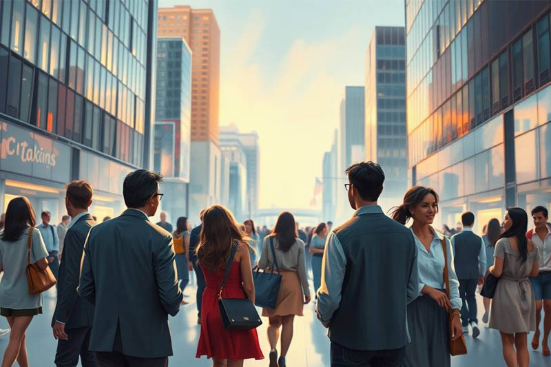 Scène de vie quotidienne en ville pour illustrer la société et les modes de vie